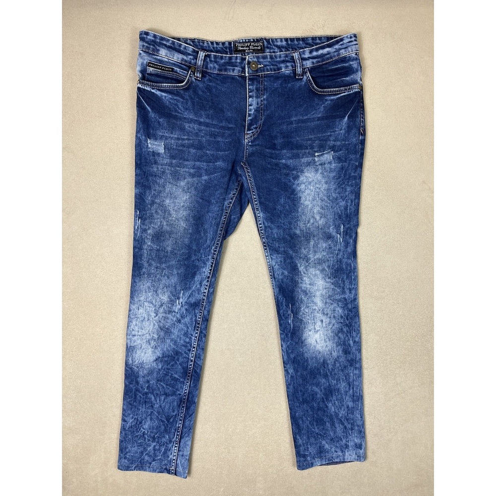 Philipp Plein Strawberry Cheesecake Jeans Mens 38 Blue Slim Fit Acid Wash Denim